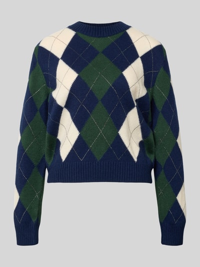 Produktfoto, Regular Fit Strickpullover aus Baumwoll-Mix Modell 'GRACIE' von GUESS, Karo-Muster in Dunkelblau, Grün und Weiß, Strasssteine, glatte weiche Textur, für Damen