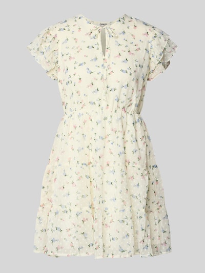 Produktfoto, Tailliertes Freizeitkleid mit Volants Modell 'ELIZA' von Only, Florales-Allover-Muster, Mini-Länge, Rundhals-Ausschnitt, Crinkle-Design