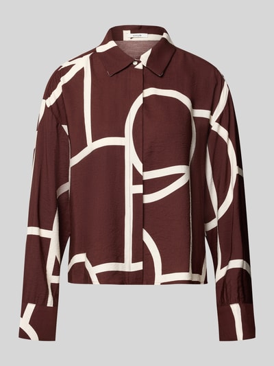 Produktfoto, bordeauxrode blouse met lange mouwen van viscosemix met wit grafisch patroon, Loose Fit Langarmbluse aus Viskose-Mix Modell 'Fordoa' van OPUS, Dames