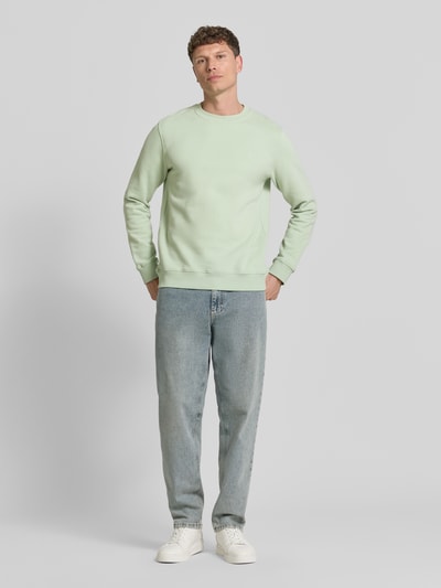 Männermodel trägt Regular Fit Sweatshirt aus reiner Bio-Baumwolle Modell 'BAARO LOOP' von Armedangels in Mintgrün, unifarben, Rundhals, Logo-Stitching, langarm, Ärmel- und Rumpfabschluss gerippt, Sweat-Textur, Ganzkörperansicht von vorne.