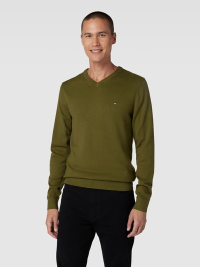 Tommy Hilfiger Strickpullover mit V-Ausschnitt Modell 'PIMA' Oliv 4