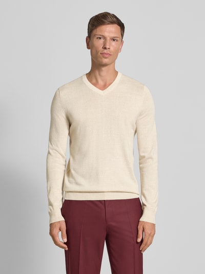 Christian Berg Men Gebreide pullover van een mix van merinowol met V-hals Ecru gemêleerd - 4