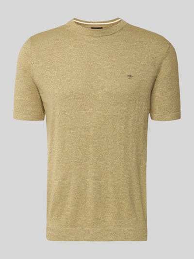 Produktfoto, Regular Fit T-Shirt mit Leinen-Anteil in Strick-Optik von Fynch-Hatton in Beige, Baumwoll-Mix, Logo-Stitching, elastische Abschlüsse, Rückenlänge 70 cm bei Größe M