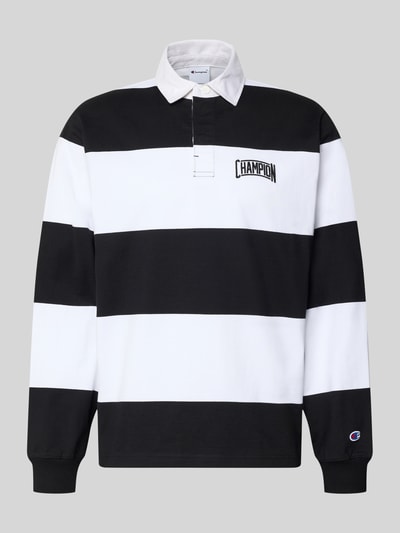 Produktfoto, Relaxed Fit Poloshirt aus Baumwolle von CHAMPION, breite schwarze und weiße Querstreifen, Langärmlig, Label-Stitching