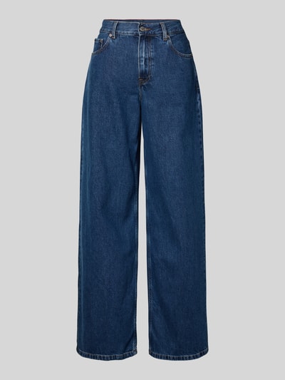 Produktfoto, Wide Leg Jeans aus reiner Baumwolle von Tommy Hilfiger in dunkelblauer Denim-Optik mit Kontrastnähte, High-Waist-Stil, 5-Pocket-Design, Label Patch, Nieten und Knopfverschluss