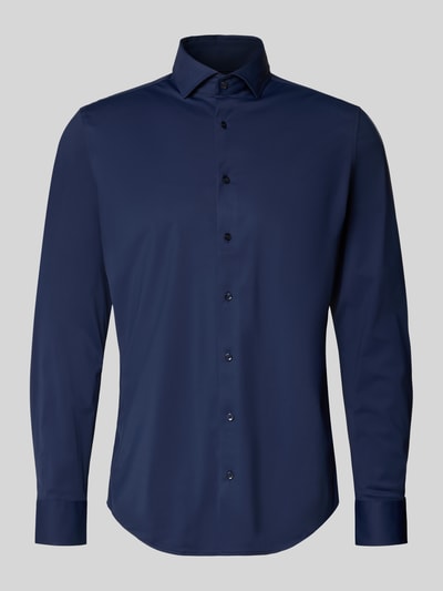 Productfoto, donkerblauw Slim Fit Business-Hemd met haifischkraag van SEIDENSTICKER, gladde textuur, stretchmateriaal, knoopsluiting