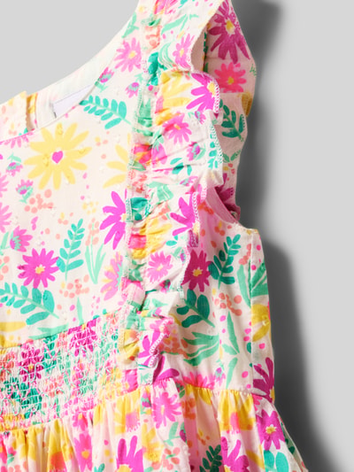 Productfoto, knielanges Kleid mit Schmetterlingsärmeln van Happy Girls, katoen, A-lijn, bloemmotief in roze, geel, groen, detailopname