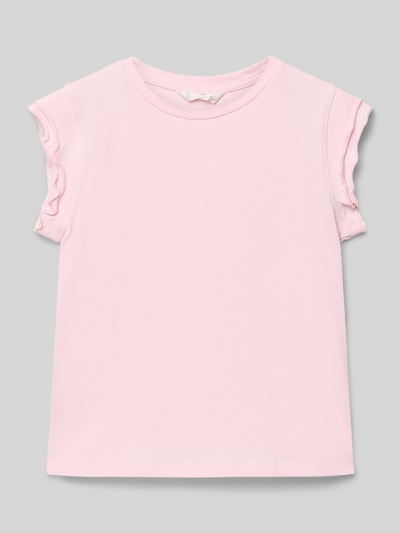 Produktfoto, Kinder T-Shirt mit Wellensaum an den Ärmeln Modell 'LILI' von Mango, Hellrosa, Reine Baumwolle, Gerader-Schnitt, Rundhalsausschnitt, Rückenlänge bei Größe 128: 42 cm