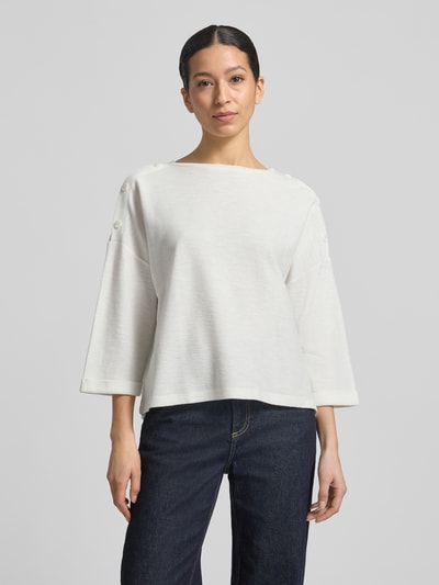 Vrouwenmodel draagt Loose Fit 3/4-shirt uit katoenmix met modal-aandeel van Tom Tailor, look: effen, boothals, piqué, loose fit, schouderknopen, 3/4-mouwen, mouwboord met vaste omslag, katoenmix met modal-aandeel, ganzekörperansicht von vorne.