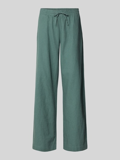 Produktfoto, Wide-Leg-Pants aus grünem Leinen-Mix mit Viskose-Anteil, elastischer Bund mit Kordelzug, FREE/QUENT Modell 'Lava', Loose-Fit, Bundweite 41 cm, Innenbeinlänge 77 cm in Größe S