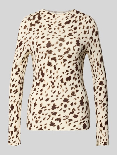 Produktfoto, Longsleeve aus Viskose-Elasthan-Mix Modell 'Zahara' von OH APRIL im Allover-Look mit braun-beigen Flecken, Slim Fit, Rundhalsausschnitt.