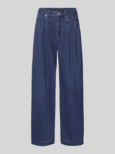 Produktfoto, Wide Leg Loose Fit Jeans aus Baumwoll-Mix Modell 'C_SLOUCHY' von BOSS Orange in Unifarbe Blau, Denimstruktur, sichtbare Bundfalten und Gesäßtaschen.