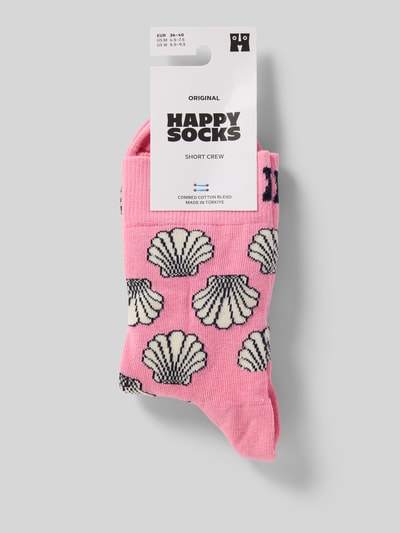 Produktfoto, Skarpety z mieszanki bawełny i elastanu Model 'SEA SHELL' od Happy Socks, różowe z wzorem muszelek, detal z logo