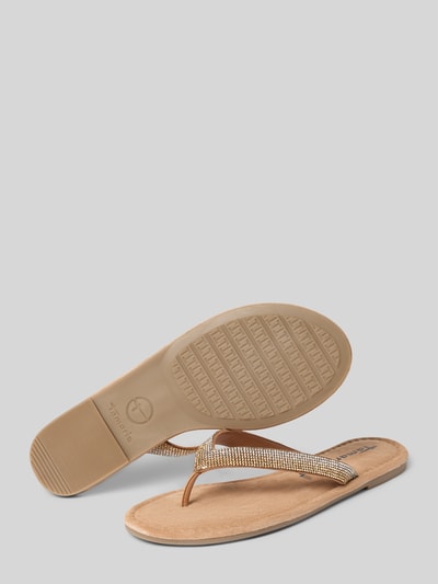 Productfoto, Zehentrenner aus echt leder van Tamaris in uni look met afgeronde open neus, blokhak, siersteentjes, gestructureerde zool