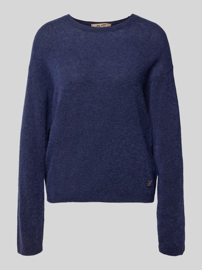 Produktfoto, dunkelblauer Strickpullover mit Rundhalsausschnitt, geradem Schnitt und Label-Detail, Modell 'Mape' von MOS MOSH, Material-Mix mit Woll-Anteil