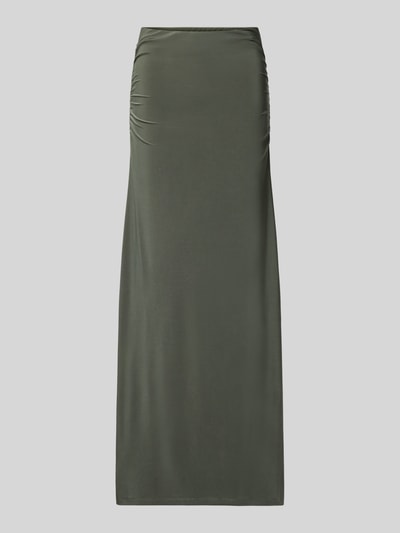 Produktfoto, Maxirock mit Drapierungen Modell 'Mimi Flute' von Forever New in Olivgrün, glatte Textur, A-Linie, Material-Mix mit Stretch-Anteil.