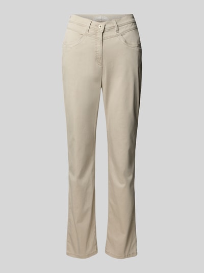 Produktfoto, Flared Fit Stoffhose mit Eingrifftaschen Modell 'Laura' von Raphaela By Brax, beżowa, elastyczna bawełna, szerokość w rozmiarze 36: 40 cm, długość nogawki 78 cm, krój flared fit, kieszenie boczne i tylne, zapięcie na guzik i zamek