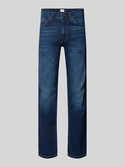 Produktfoto, Straight Fit Jeans aus elastischem Baumwoll-Mix Modell 'Tramper' von Mustang, blaue Farbe, 5-Pocket-Design, elastische Struktur, Knopf- und Reißverschluss, Gürtelschlaufen, Jeansstoff mit sichtbarer Textur, Bundweite 41 cm, Innenbeinlänge 80 cm