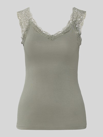 Produktfoto, Slim Fit Tank Top aus Viskose-Mix Modell 'BARBERA LACE' von Pieces, unifarben, Jersey, breite Träger, V-Ausschnitt, spitzenbesetzt.