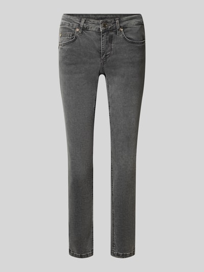 Produktfoto, Skinny Fit Jeans aus elastischem Baumwoll-Mix Modell 'MONROE' von Liu Jo White, grijze denim, 5-pocketmodel, riemlussen, knoop- en ritssluiting, bandwijdte maat 27: 36 cm, binnenbeenlengte maat 27: 68 cm