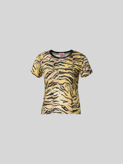 Produktfoto, Slim Fit T-Shirt aus reiner Baumwolle von Kenzo mit Tiger-Muster in Gelb und Schwarz, Rundhalsausschnitt, Ripp-Optik, kurzärmelig, Rückenlänge bei Größe S 53 cm
