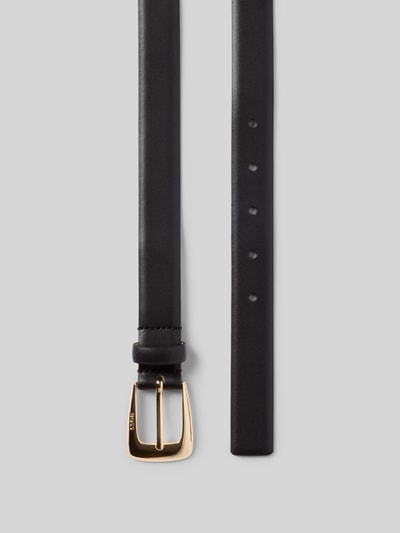 Productfoto, smalle zwarte riem uit echt rundleer, goudkleurige gesp, gladde textuur, Dames riem model 'Zelde' van BOSS.