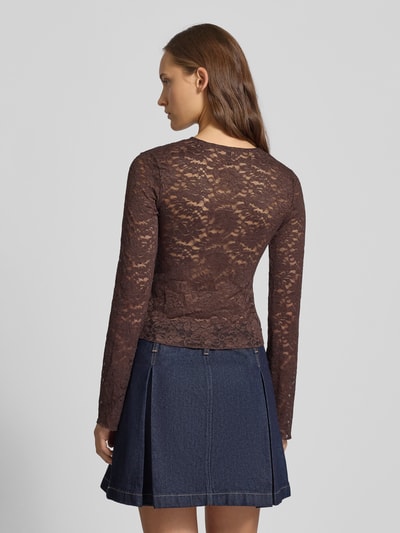 Only Slim fit shirt met lange mouwen in kantlook, model 'NIKKA' Chocoladebruin - 5