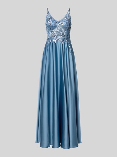 Produktfoto, Abendkleid mit Paillettenbesatz von Laona in Hellblau, A-Linie, Maxikleid, tiefer V-Ausschnitt, glänzende Textur, Spaghettiträger