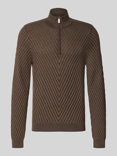 Produktfoto, Strickpullover aus Schurwolle von Emporio Armani in Braun mit V-förmigem Muster, schmale Passform, Troyer-Kragen, elastische Abschlüsse, Rückenlänge 66 cm, Ärmellänge 71 cm
