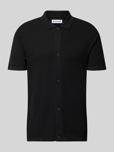 Produktfoto, schwarzes Regular Fit Freizeithemd mit Polokragen und Knopfleiste von Jack & Jones, Baumwoll-Mix mit feiner Struktur