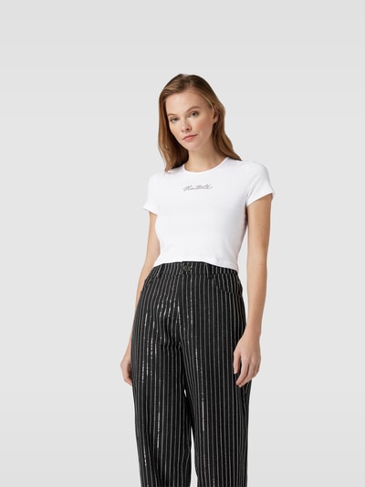 ROTATE Cropped T-Shirt mit Zierperlenbesatz Weiss 4