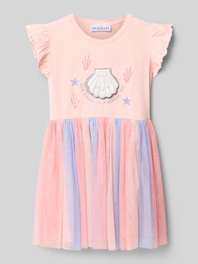 Produktfoto, Regular Fit Kleid mit Statement-Print von DANAMADE in Rosa mit buntem Mesh, Falten-Optik, Kappärmel, aus Baumwoll-Mix, Rundhalsausschnitt, Rückenlänge bei Größe 116: 63 cm