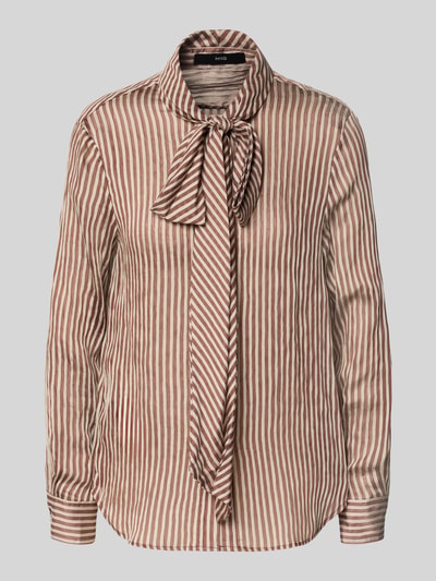 Produktfoto, Regular Fit Schluppenbluse Modell 'CORBAT' von Mango im Allover-Look, Lyocell-Mix, beige und braune Längsstreifen, Rückenlänge bei Größe S 65 cm, Ärmellänge 61 cm.