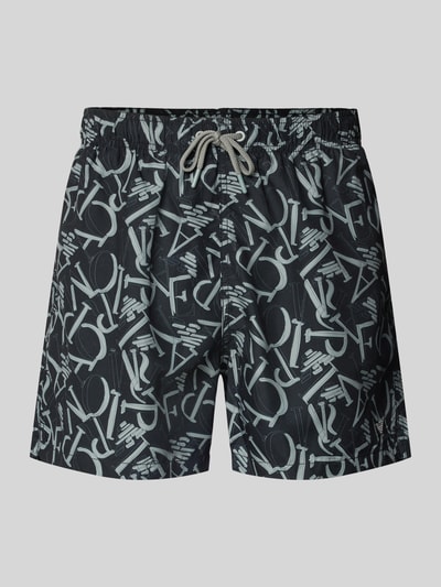 Produktfoto, Regular Fit Shorts mit Allover-Logo-Print von Emporio Armani in Schwarz mit weißem Muster, elastischem Bund und Tunnelzug.