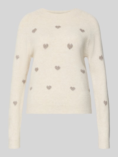 Productfoto, Regular Fit Strickpullover mit Intarsien Modell 'DOFFY INTARSIA' van Vero Moda, ecru met grijze hartjes, grof gebreid, ronde hals, lange mouwen, ribboorden