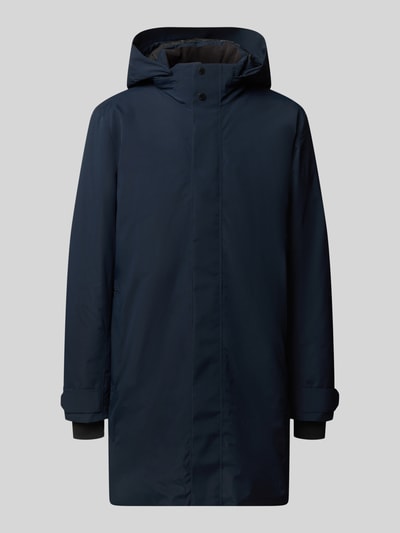 Produktfoto, Parka mit Kapuze Modell 'HEKTOR' von Didriksons in Dunkelblau mit verdecktem Reißverschluss und Stehkragen, glatte Textur