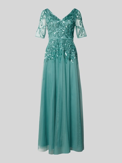 Produktfoto, Abendkleid mit floralem Pailettenbesatz von Adrianna Papell, türkisfarbenes Mesh, taillierte Passform, V-Ausschnitt, kurzärmelig, blickdichter Unterrock, Nahtreißverschluss, Rückenlänge 155 cm, Brustweite 40 cm, Ärmellänge 28 cm.
