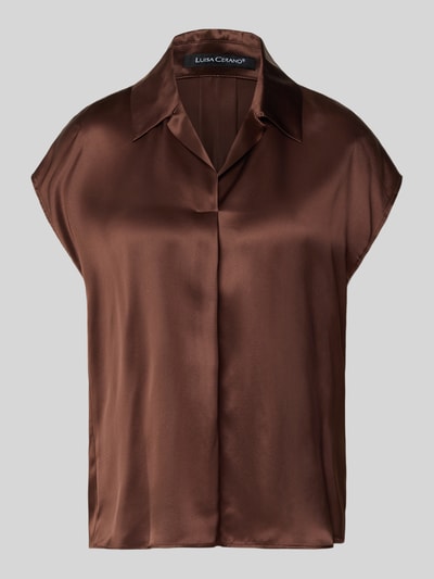 Produktfoto, Regular Fit Hemdbluse aus reiner Seide von Luisa Cerano, brązowa, gładka tekstura, Kołnierzyk koszulowy, zakładka z tyłu, bluzka z krótkim rękawem, długość tyłu w rozmiarze 36: 60 cm