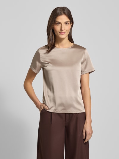 Frauenmodel trägt Regular Fit T-Shirt mit Lyocell-Anteil Modell 'ZONA' von Weekend Max Mara, Optik: Unifarben, Rundhals, Kurzarm, leicht abgerundeter Rumpfabschluss, Rückenausschnitt mit Schlüsselloch, matter Glanz, glatte Textur, Ganzkörperansicht von vorne.