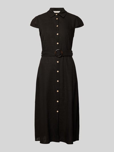 Produktfoto, Hemdblusenkleid mit Leinen-Anteil und Gürtel von Apricot, schwarzes Midikleid aus Viskose-Mix, Umlegekragen, Kappärmel, Knopfleiste, taillierte Passform, Rückenlänge 125 cm, Brustweite 46 cm, Ärmellänge 10 cm.