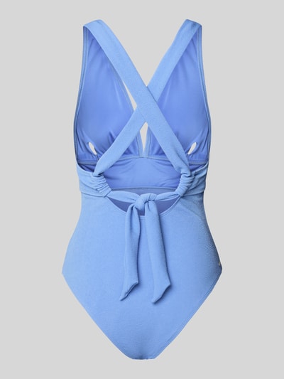 Produktfoto, Badeanzug mit rückseitig überkreuzten Trägern Modell 'Saltoty' von Barts, niebieski kolor, mieszanka materiałów ze stretchem, sculpting fit, sznurowanie na plecach, głęboki dekolt V, tekstura gładka
