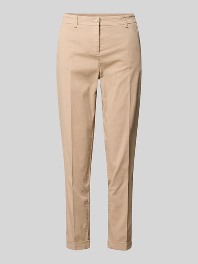 Produktfoto, Slim Fit Chino aus Baumwoll-Mix Modell 'KARINA' von Cambio in Uni-Beige, Popeline, mit Gürtelschlaufen und Label Patch