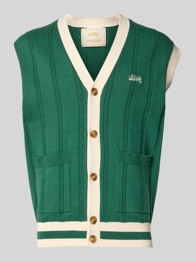 Produktfoto, Regular Fit Bodywarmer in tricotlook met logostitching van BLKVIS, V-hals, knoopsluiting, opgestikte zakken, ruglengte 67 cm, maat L, groen met crèmekleurige accenten