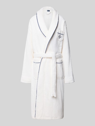 Produktfoto, Bademantel mit Reverskragen von Polo Ralph Lauren aus reiner Baumwolle, locker geschnitten, weiß mit blauen Details, Label-Detail sichtbar