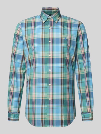 Produktfoto, Custom Fit Freizeithemd mit Button-Down-Kragen von Polo Ralph Lauren, kariertes Muster in Blau, Grün, Gelb, Reine Baumwolle, Knopfleiste, Label-Stitching, Rückenlänge 82 cm, Schulterbreite 44 cm, Ärmellänge 65 cm.