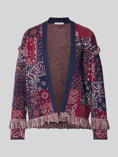 Produktfoto, Cardigan aus Viskose-Mix in Strick-Optik von Christian Berg Woman mit lockerem Schnitt und Allover-Paisley-Print in Rot, Blau und Weiß, Fransen an Saum und Ärmeln, Oberflächenstruktur wirkt weich und gestrickt