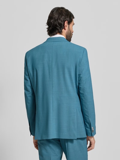 Männermodel trägt Slim Fit 2-Knopf-Sakko aus Viskose-Mix von Carl Gross in Blau mit Strukturmuster, Rückenansicht, Ganzkörperansicht Rückansicht. Herren 2-Knopf-Sakko, Viskose-Acetat-Mix, 2-Knopfverschluss, Reverskragen, florale Zier-Applikation, Brust- und Pattentaschen, Rückenlänge 74 cm, Schulterbreite 45 cm, Ärmellänge 66 cm.