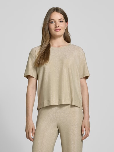 Oui T-shirt met geribde ronde hals Beige - 4
