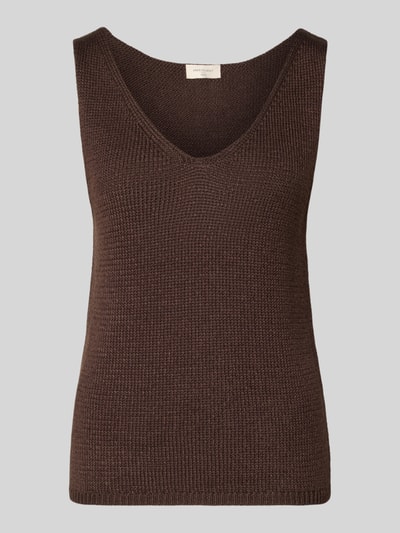 Produktfoto, bruin tricottop met V-hals van FREE/QUENT, materiaalmix met linnen, regular fit, model Grscaliva, ruglengte maat S: 55 cm