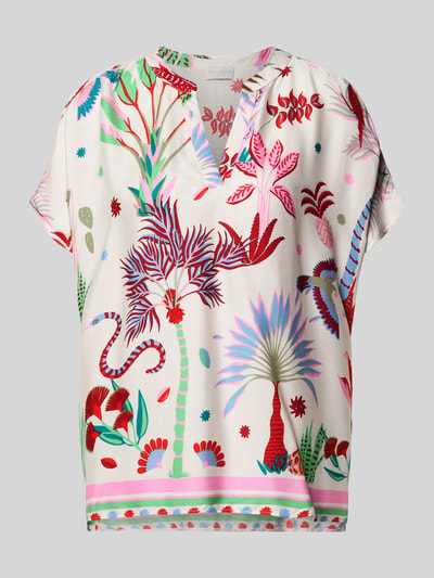 Produktfoto, Blusenshirt aus Viskose im Allover-Look von Milano Italy, krój relaxed fit, czysta wiskoza, dekolt w serek, wzór na całej powierzchni